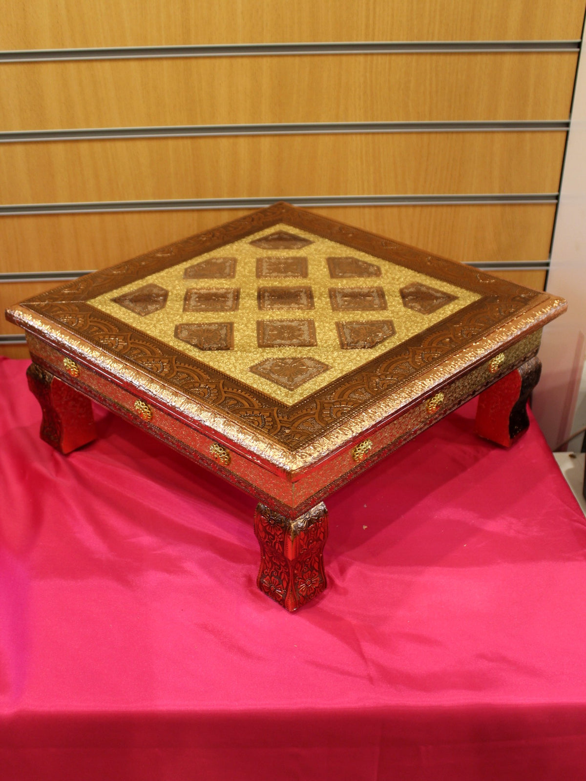 Copper Oxidised Bajot Pooja Chowki – Diamond Lattice, 15 x 15 inch