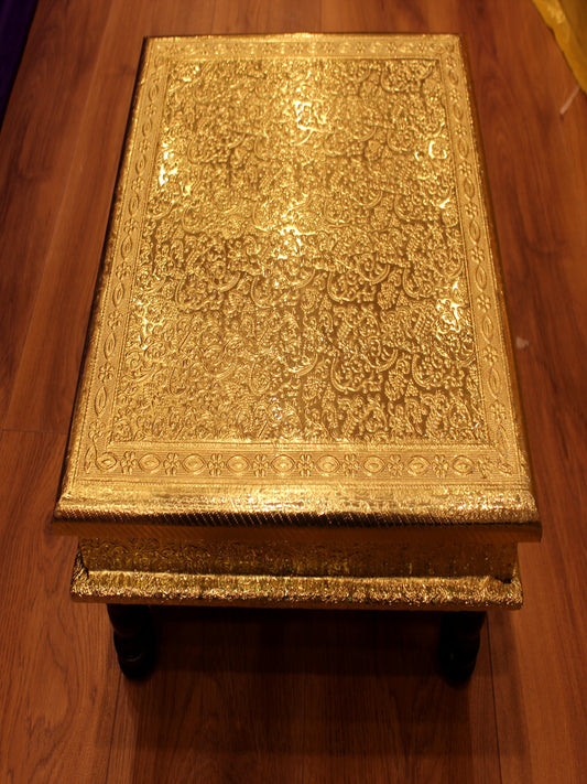 Premium Gold Bajot Pooja Chowki – Embossed Floral, Cylindrical Legs, 16 x 16 inch