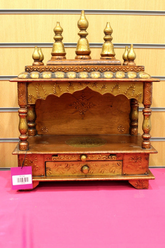 Open-front carved Jaipuri wooden mandir with gold domes, front view