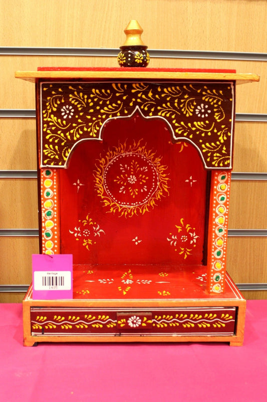 Small red hand-painted Jaipuri mandir, front view