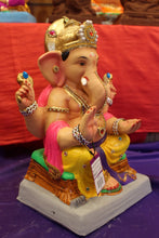 Load image into Gallery viewer, Eco-Friendly Ganesh Visarjan idol, Jewellery Style Pink Khes &amp; Yellow Dhoti, close-up