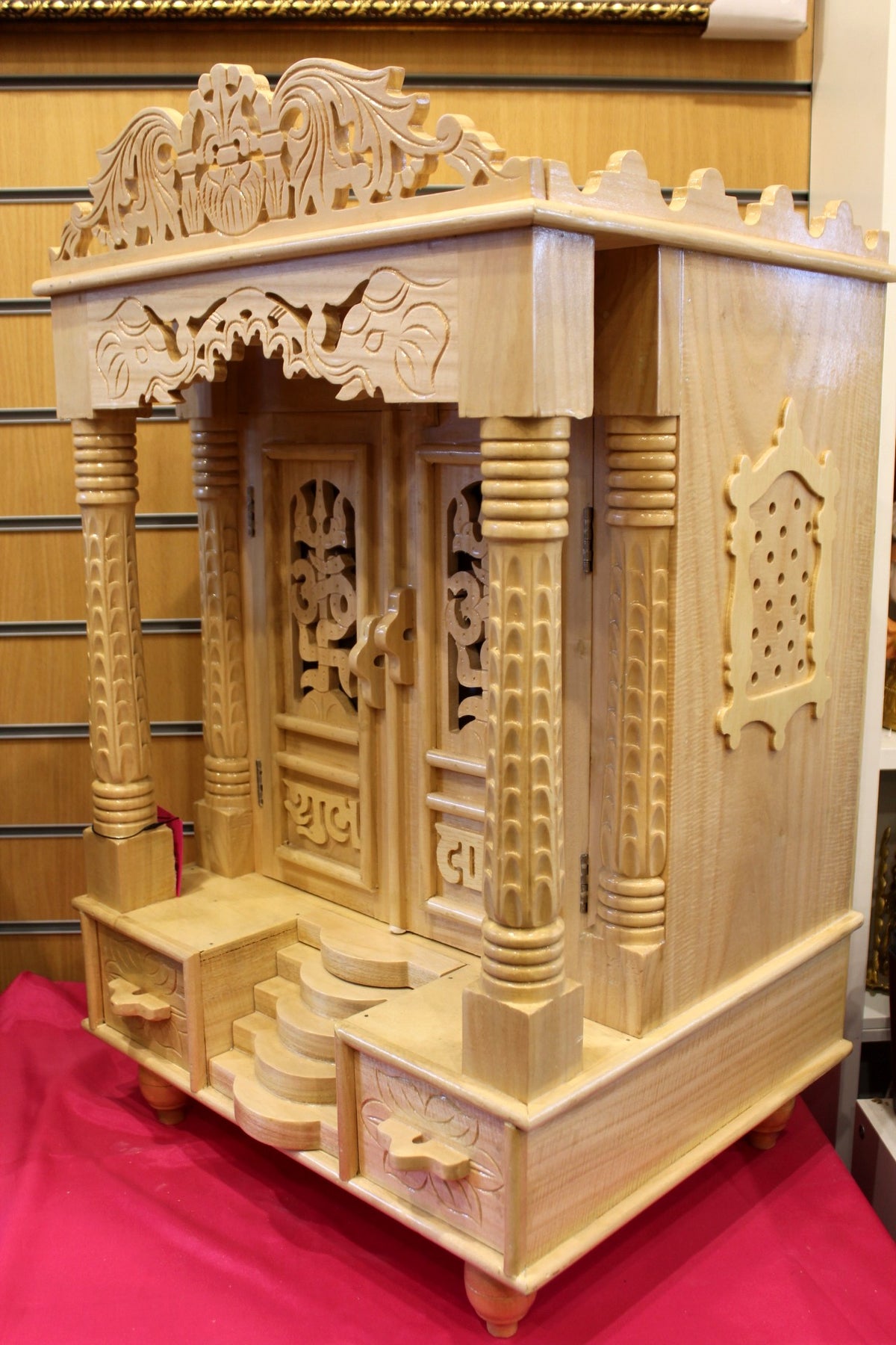 Side angle of the large Sevan wood mandir showing its 15 inch depth