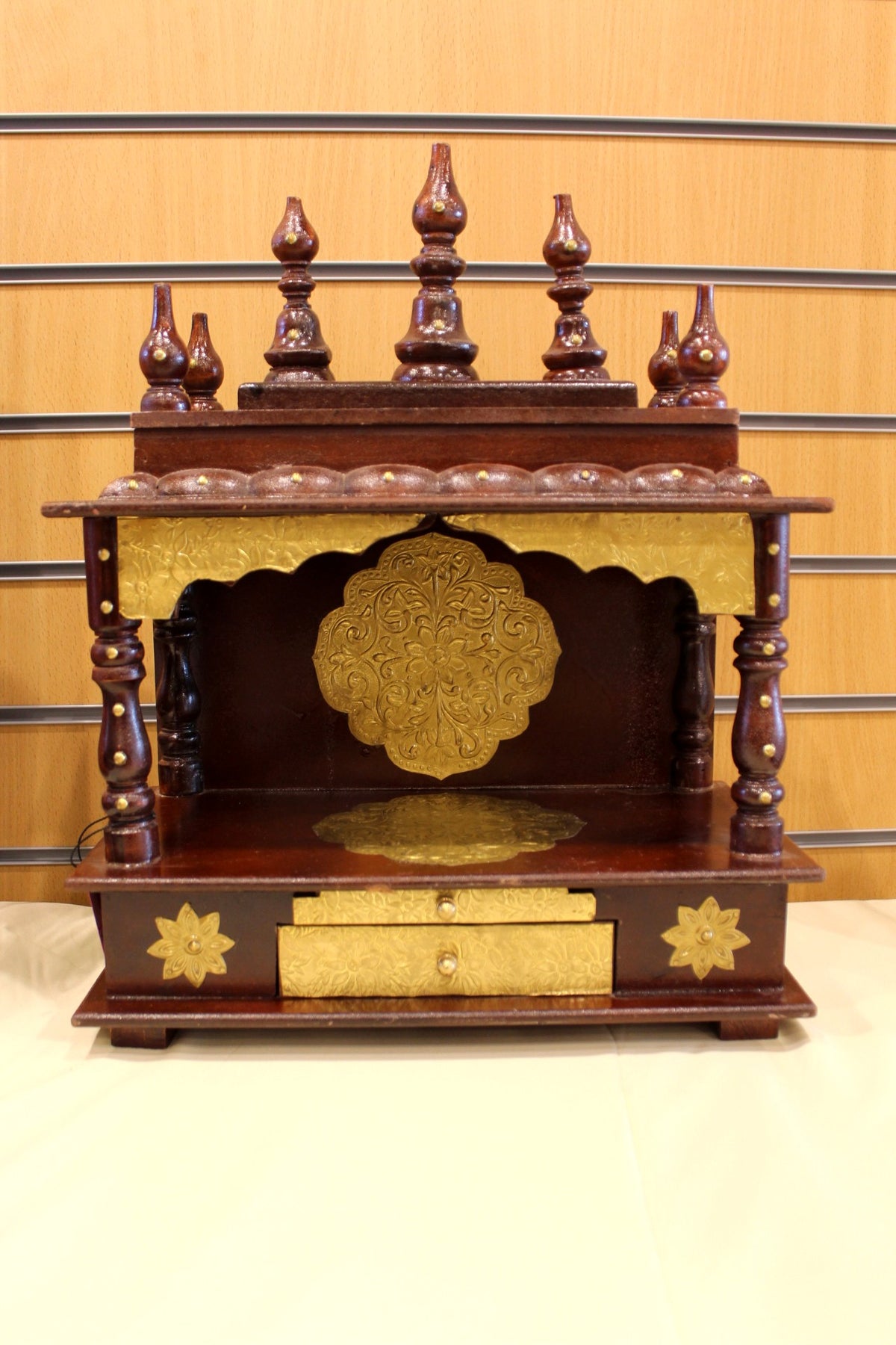 Carved Wooden Mandir 15 x 8 x 19 inch – Rosewood Home Temple with Brass Embossed Panels