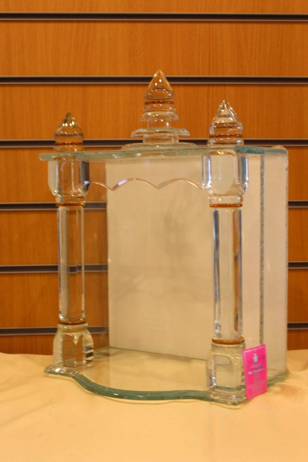 Glass Mandir with LED Lights 12 x 8 x 17 inch – Crystal Home Temple with Amber Pillars