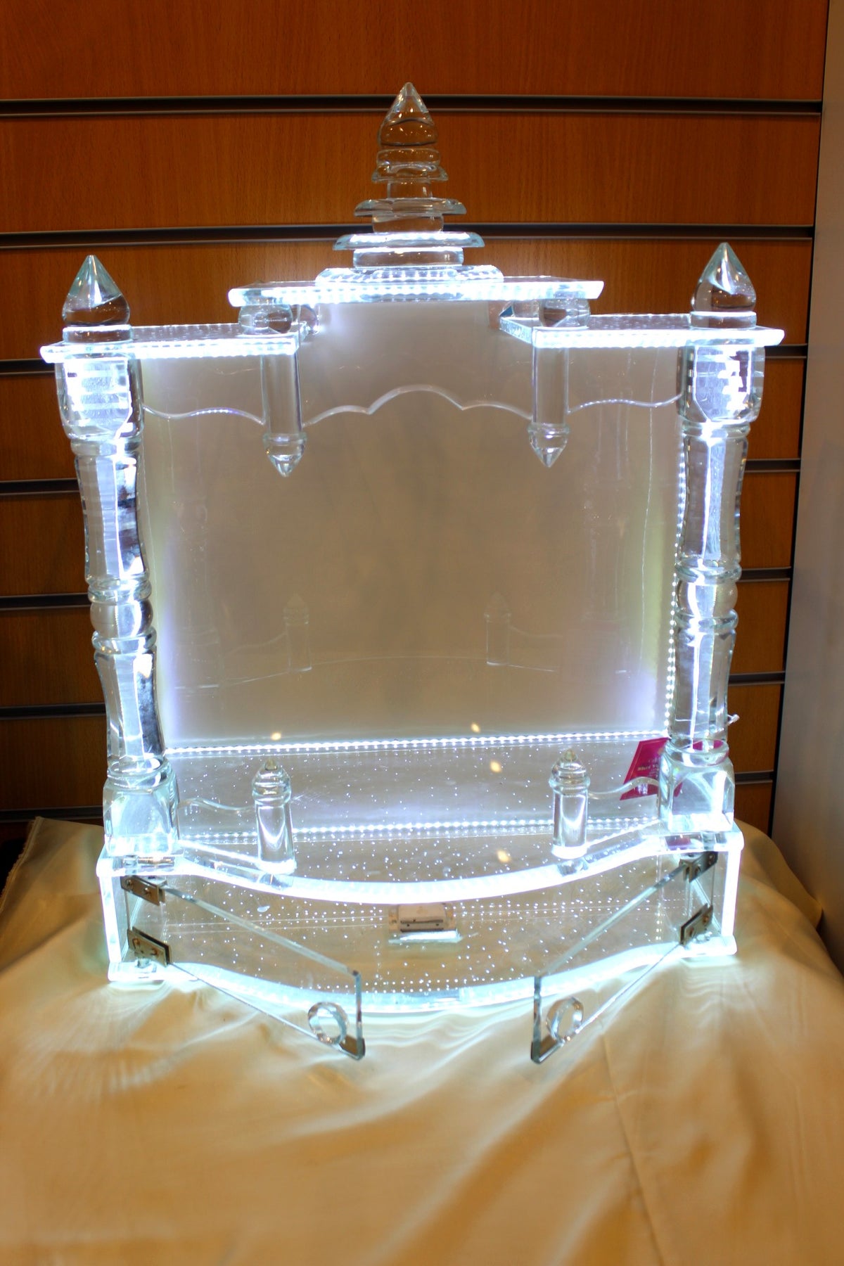 Glass Mandir with LED Lights 18 x 10 x 24 inch – Crystal Home Temple with Turned Pillars