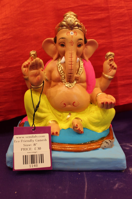 Eco-Friendly Ganesh Visarjan Idol – Yellow Dhoti & Pink Khes, ~8 inch