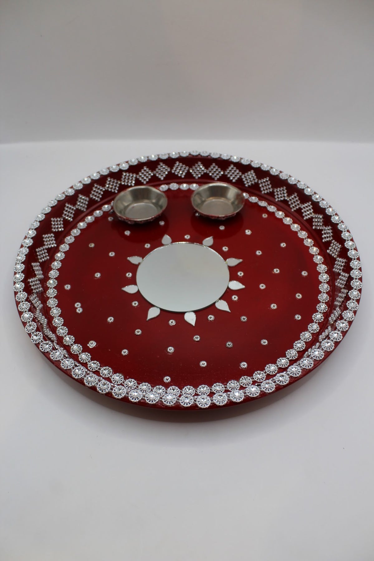 Red Karwa Chauth set with silver stones, thali, channi and lota, front view