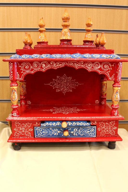 Hand-Painted Mandir 15 x 8 x 19 inch – Red Jaipuri Home Temple with Drawer