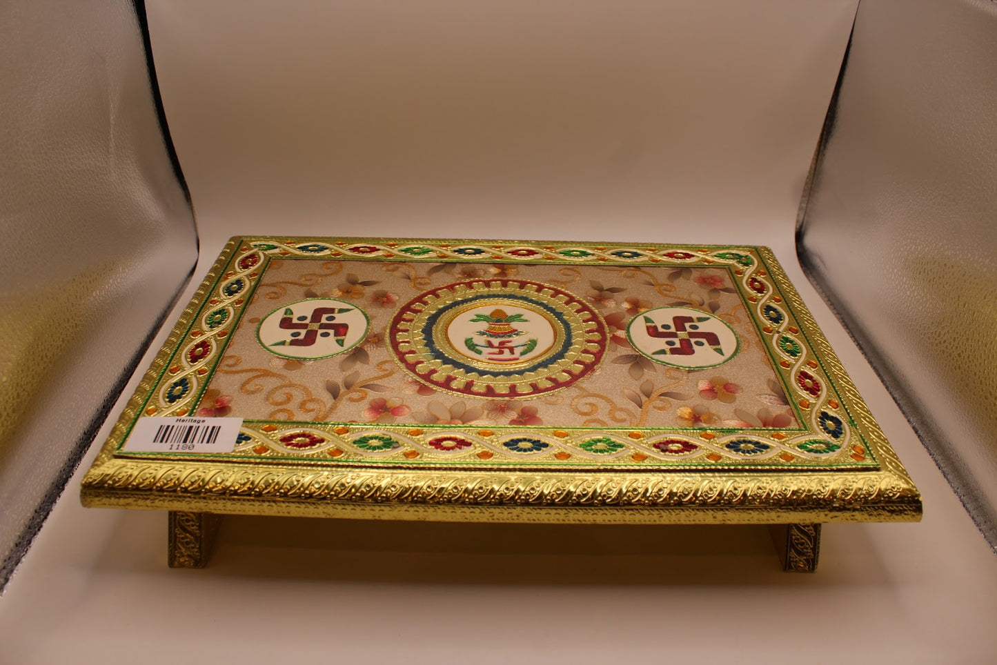 Rectangular floral meenakari chowki with swastik and kalash mandala, 12 x 15 inch