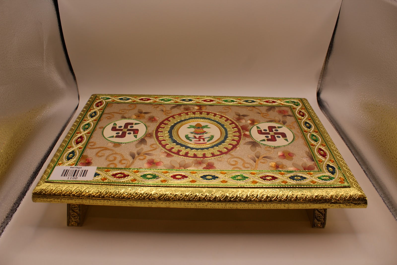 Rectangular floral meenakari chowki with swastik and kalash mandala, 12 x 15 inch