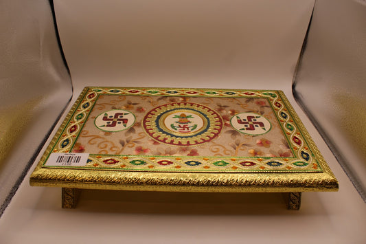 Rectangular floral meenakari chowki with swastik and kalash mandala, 12 x 15 inch