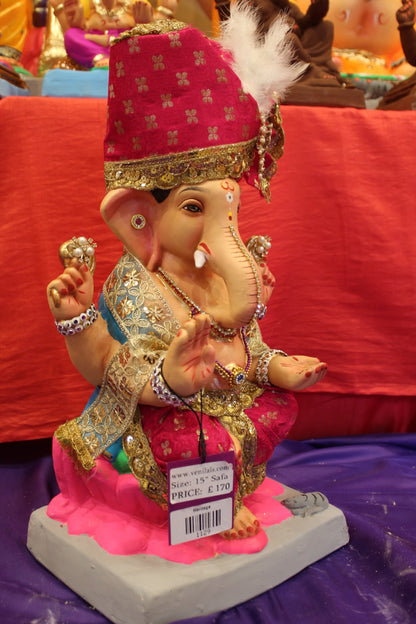 Eco-Friendly Ganesh Visarjan idol, Full Safa Set Hot Pink & Gold, close-up