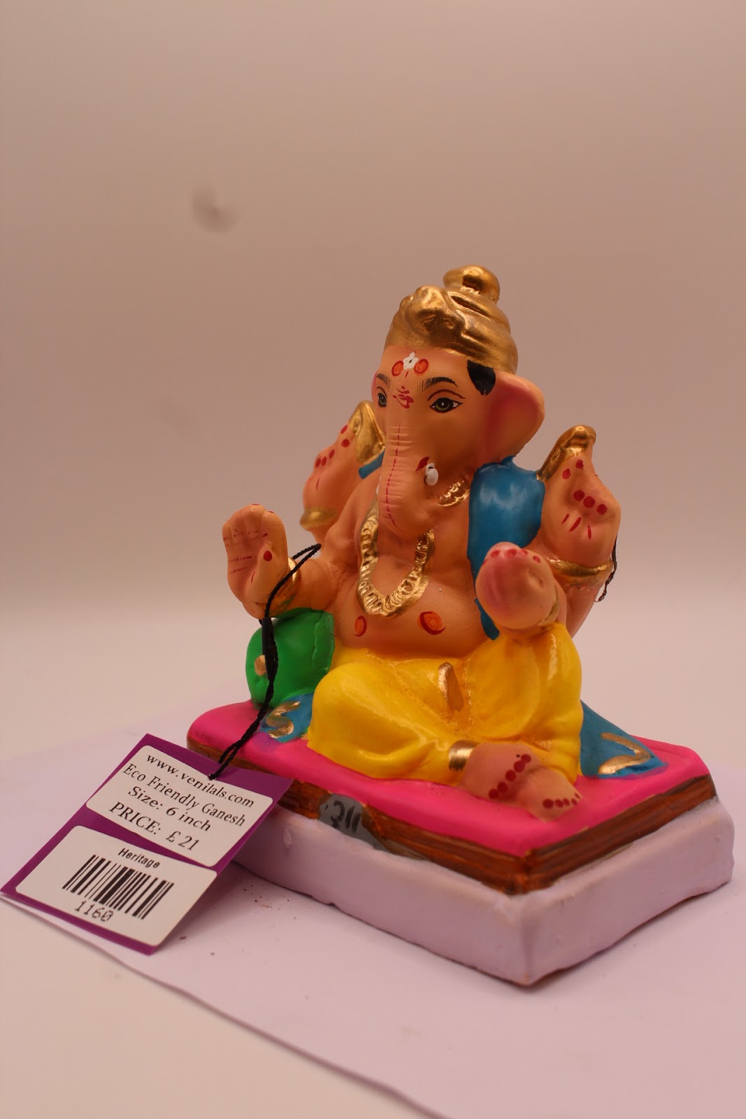 Eco-Friendly Ganesh Visarjan Idol – Blue Khes & Yellow Dhoti, Pink Cushion, ~6 inch
