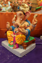 Load image into Gallery viewer, Eco-Friendly Ganesh Visarjan idol, Jewellery Style Yellow &amp; Blue, side view