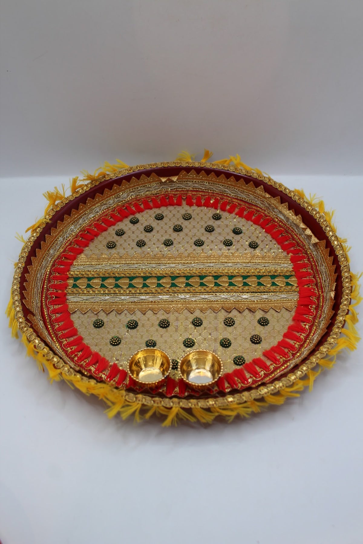 Red Karwa Chauth set with yellow fringe, thali, channi and lota, another view