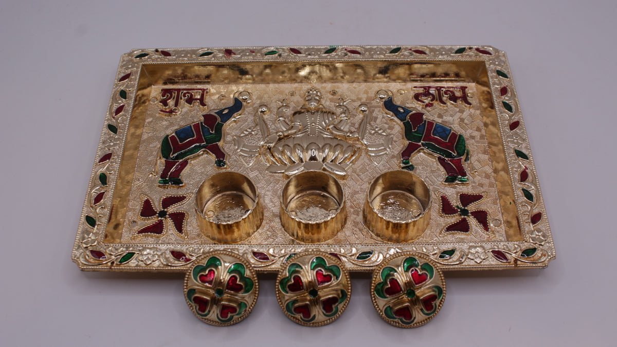 Kankavati kumkum tray with 3 boxes, Shubh Labh design, with boxes in front