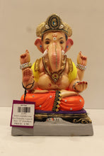 Load image into Gallery viewer, Eco-friendly clay Ganesh idol in jewellery style with yellow khes and orange dhoti, front view