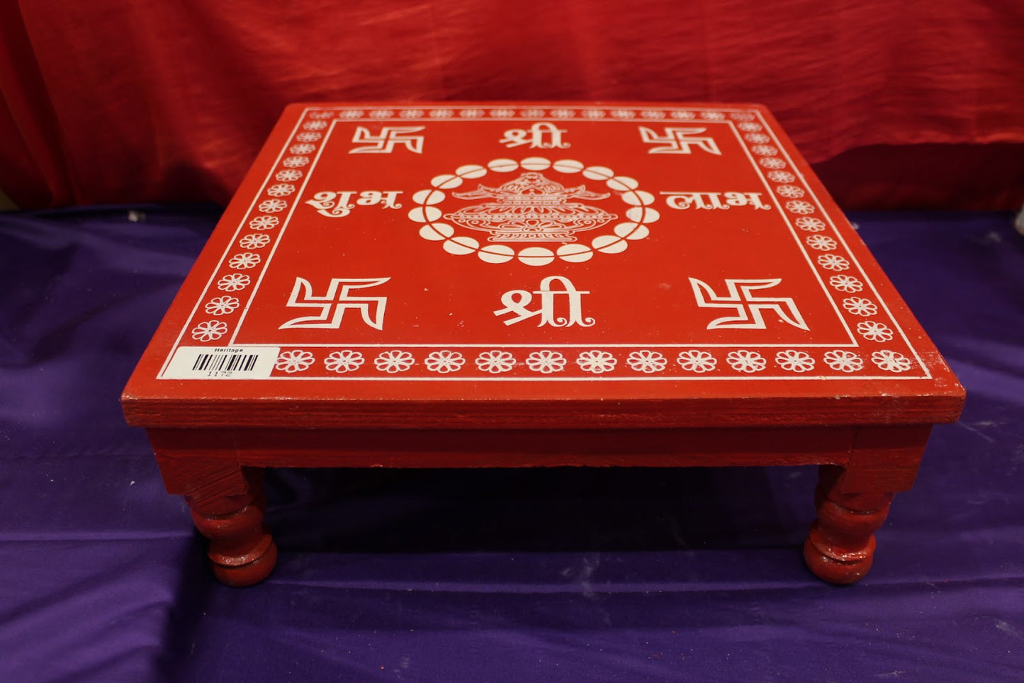 Red wooden bajot pooja chowki with swastik and Shri kalash design, 15 x 15 inch