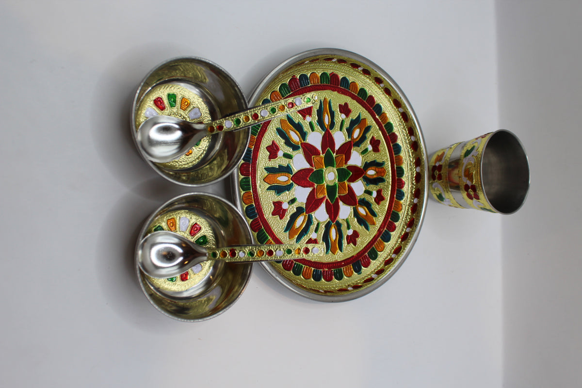 Meenakari pooja set No. 1 with thali, bowls, glass and spoons, another view