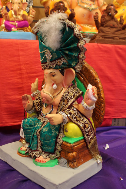 Eco-Friendly Ganesh Visarjan idol, Full Safa Set Teal & Maroon, side view