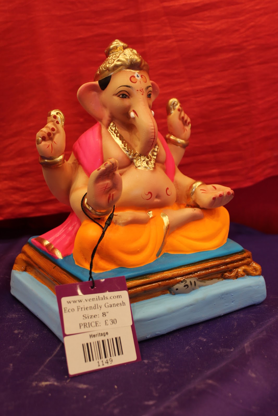 Eco-Friendly Ganesh Visarjan Idol – Orange Dhoti & Pink Shawl, ~8 inch