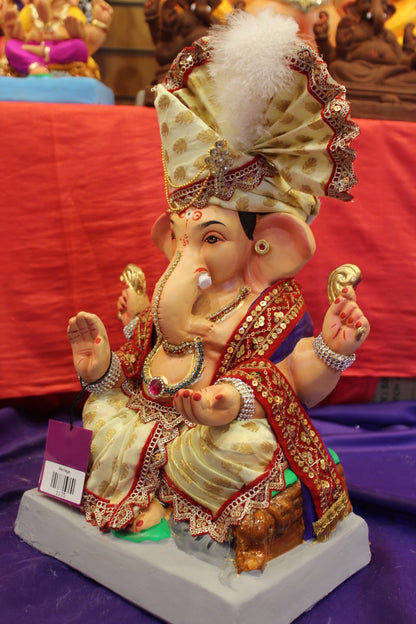 Eco-Friendly Ganesh Visarjan idol, Full Safa Set Ivory & Red, side view