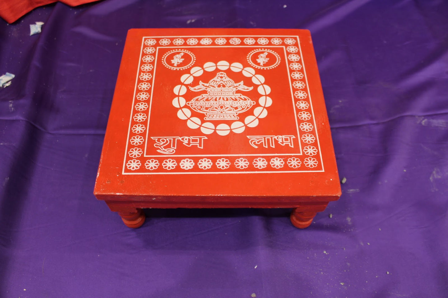 Red wooden bajot pooja chowki 12x12 inch with white kalash and Shubh Labh design
