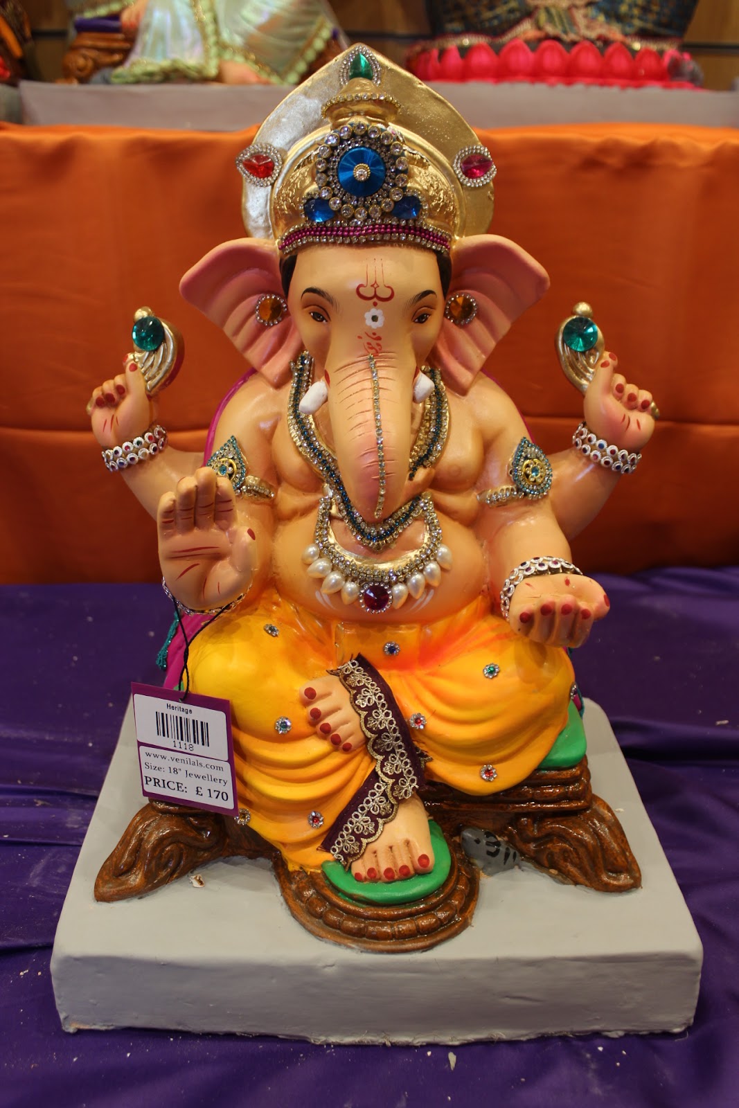 Eco-Friendly Ganesh Visarjan idol, Jewellery Style Mustard Yellow, front view 2