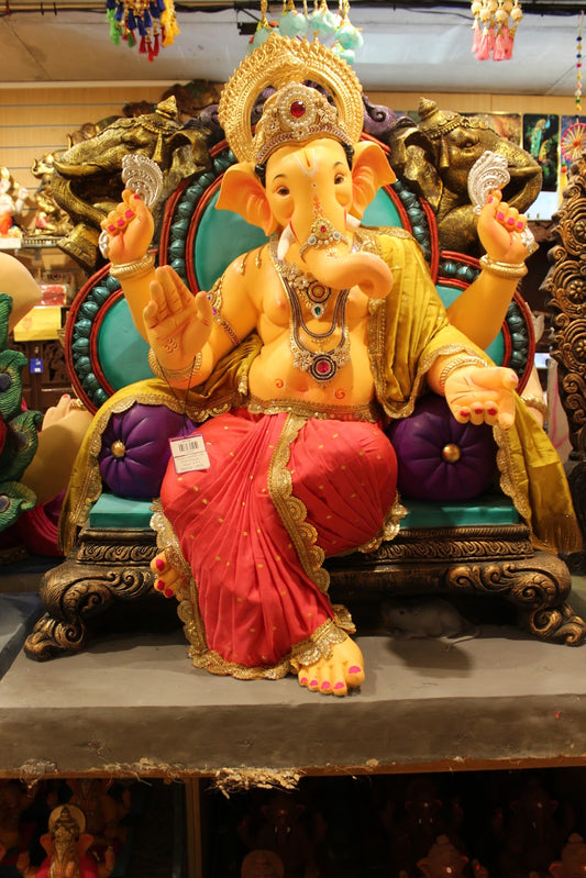 POP Ganesh Visarjan Idol – Red & Gold Sequin Dhoti on Teal Carved Throne, ~4ft
