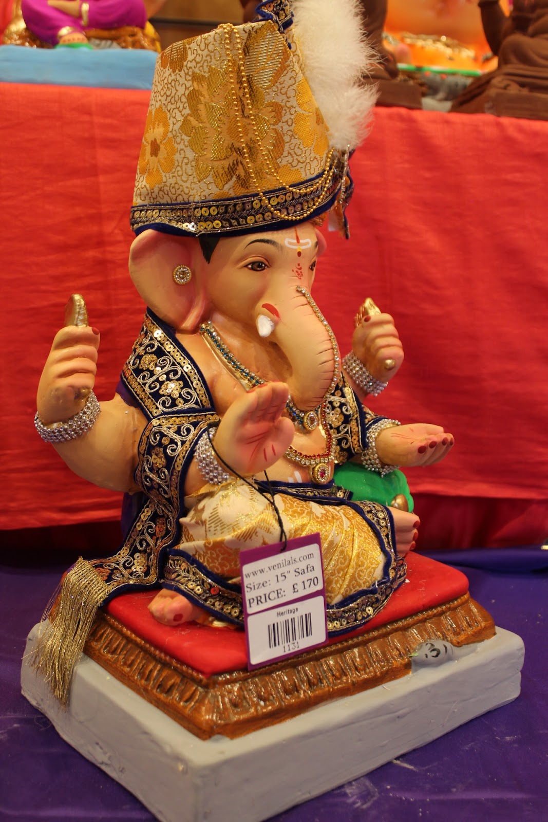 Eco-Friendly Ganesh Visarjan idol, Full Safa Set Navy Blue & Gold, close-up