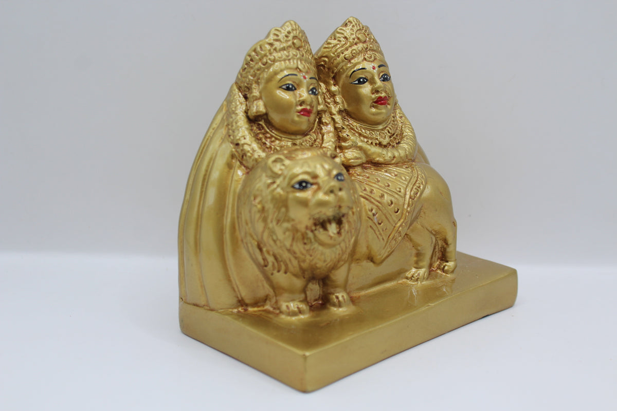 Gold resin Chamunda Maa murti with lion, left side view
