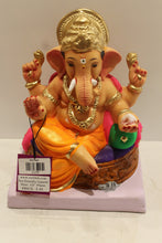 Load image into Gallery viewer, Eco-friendly clay Ganesh idol with pink khes, orange dhoti and basket throne, back view