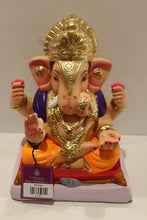 Load image into Gallery viewer, Eco-friendly clay Ganesh idol with purple shawl and orange dhoti, front view