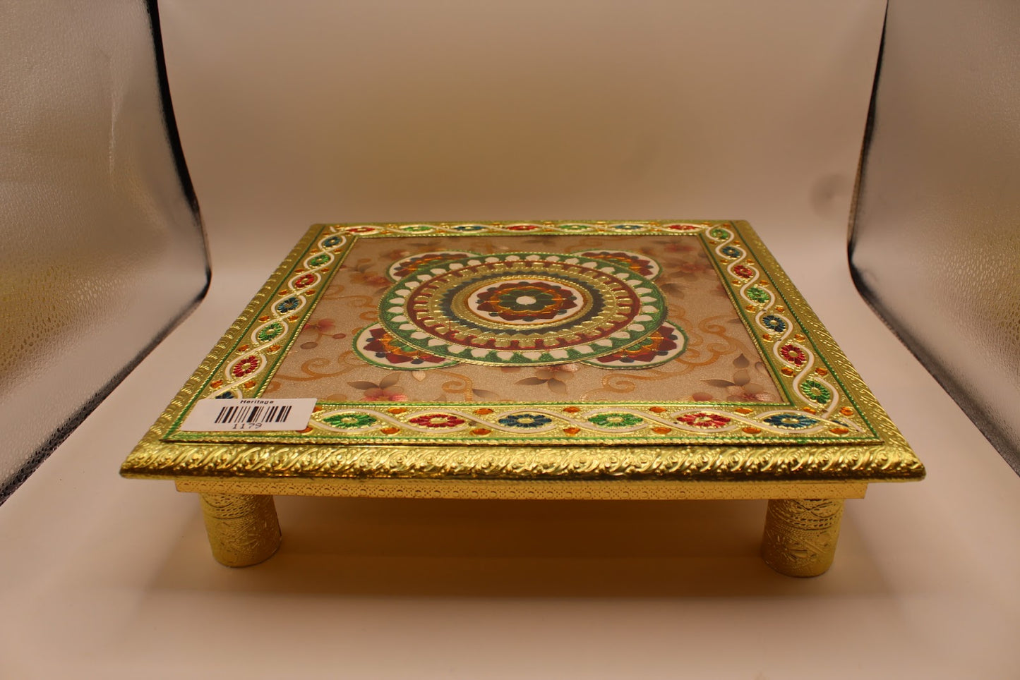 Floral meenakari chowki pooja stool in gold and enamel, 12 x 12 inch