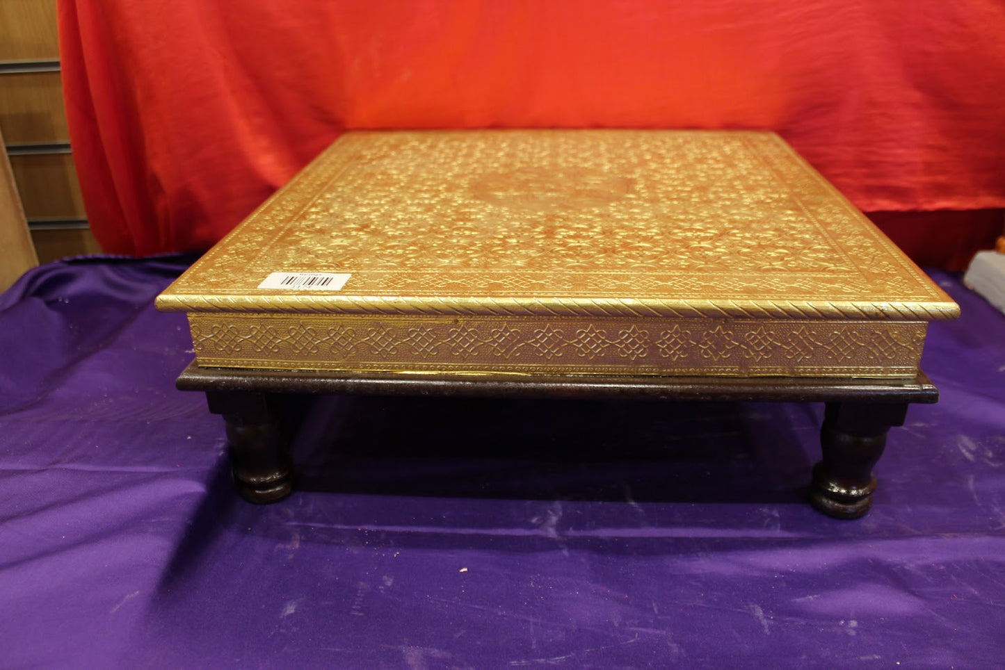 Gold embossed bajot pooja chowki with floral medallion top, 18 x 18 inch