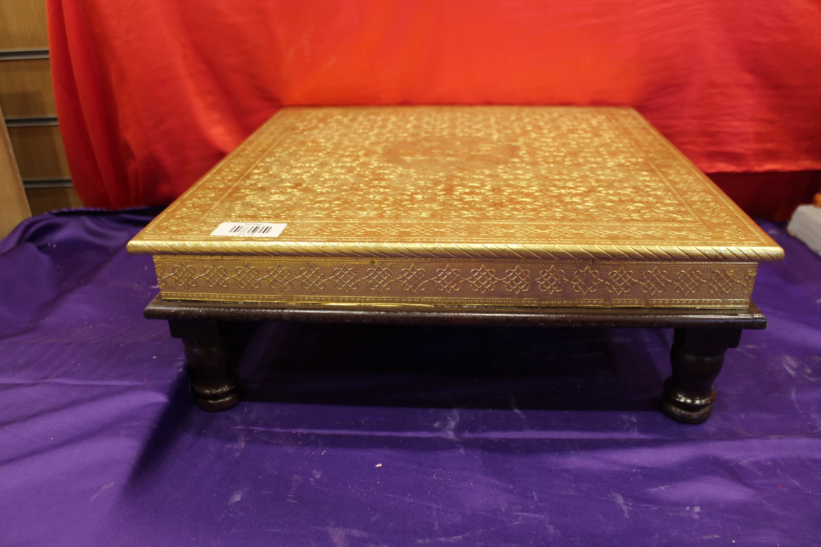 Gold embossed bajot pooja chowki with floral medallion top, 18 x 18 inch