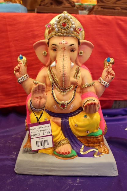 Eco-Friendly Ganesh Visarjan idol, Jewellery Style Pink Khes & Yellow Dhoti, front view 2
