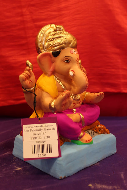 Eco-Friendly Ganesh Visarjan Idol – Yellow & Magenta, Halo Crown, ~8 inch