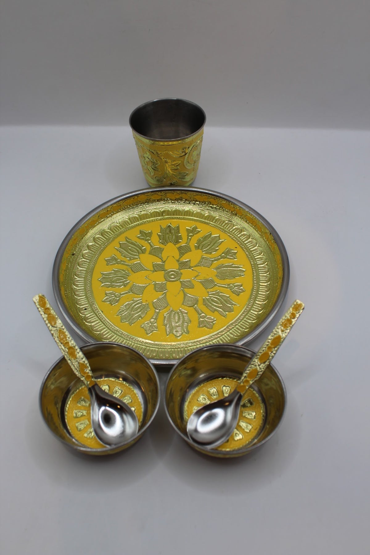 Gold pooja set No. 1 with thali, bowls, glass and spoons, another view