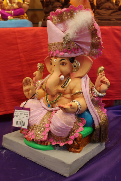 Eco-Friendly Ganesh Visarjan idol, Full Safa Set Pale Pink & Gold, side view