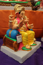 Load image into Gallery viewer, Eco-Friendly Ganesh Visarjan idol, Yellow &amp; Pink Drum Base, close-up
