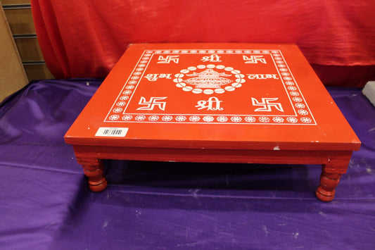 Red wooden bajot pooja chowki with swastik and Shri kalash design, 18 x 18 inch