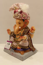 Load image into Gallery viewer, Eco-friendly clay Ganesh idol with blush pink rose safa, side view