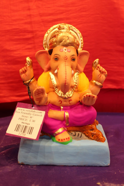 Eco-Friendly Ganesh Visarjan Idol – Yellow & Magenta, Halo Crown, ~8 inch
