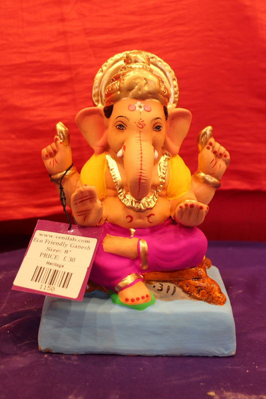 Eco-Friendly Ganesh Visarjan Idol – Yellow & Magenta, Halo Crown, ~8 inch