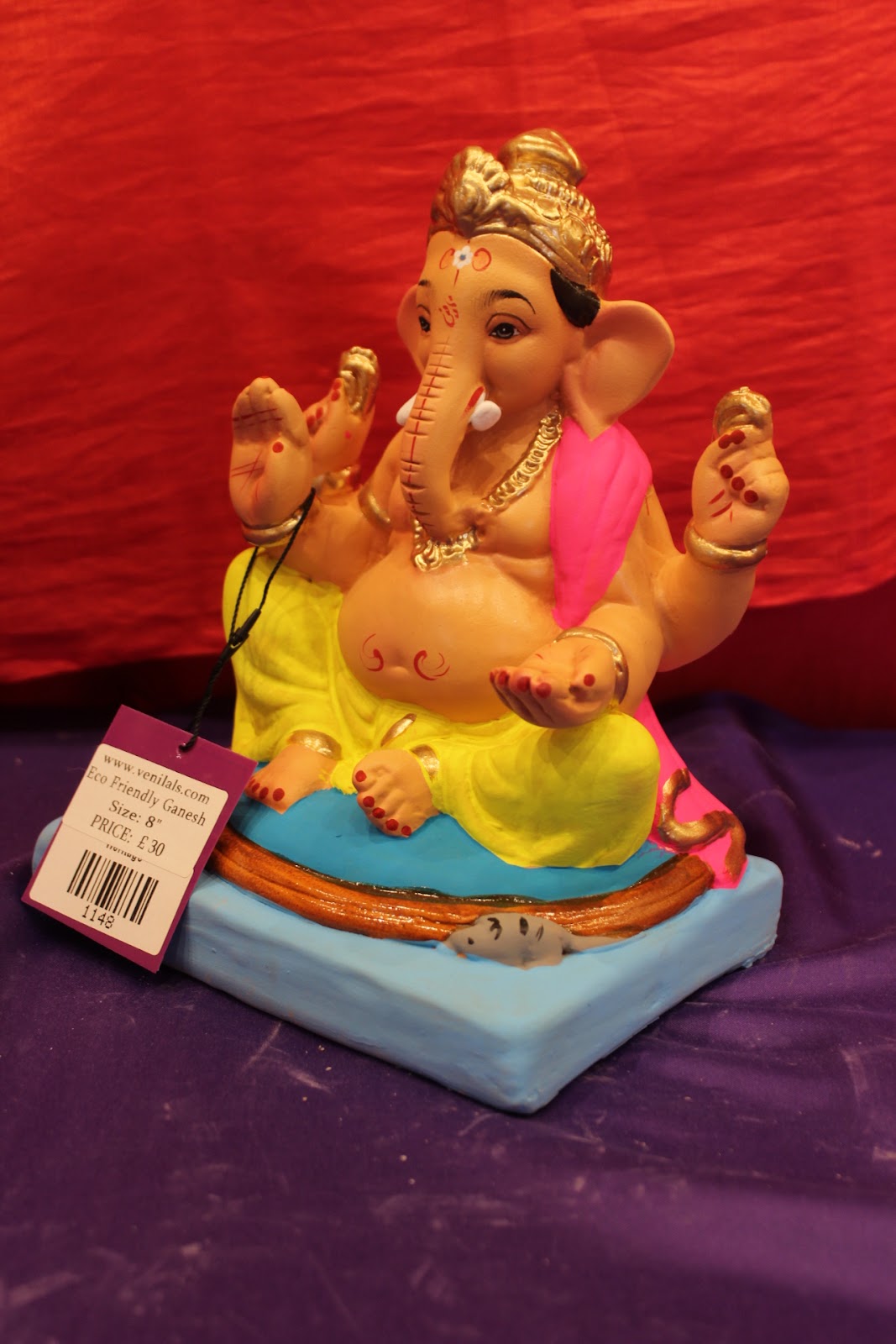 Eco-Friendly Ganesh Visarjan Idol – Yellow Dhoti & Pink Khes, ~8 inch