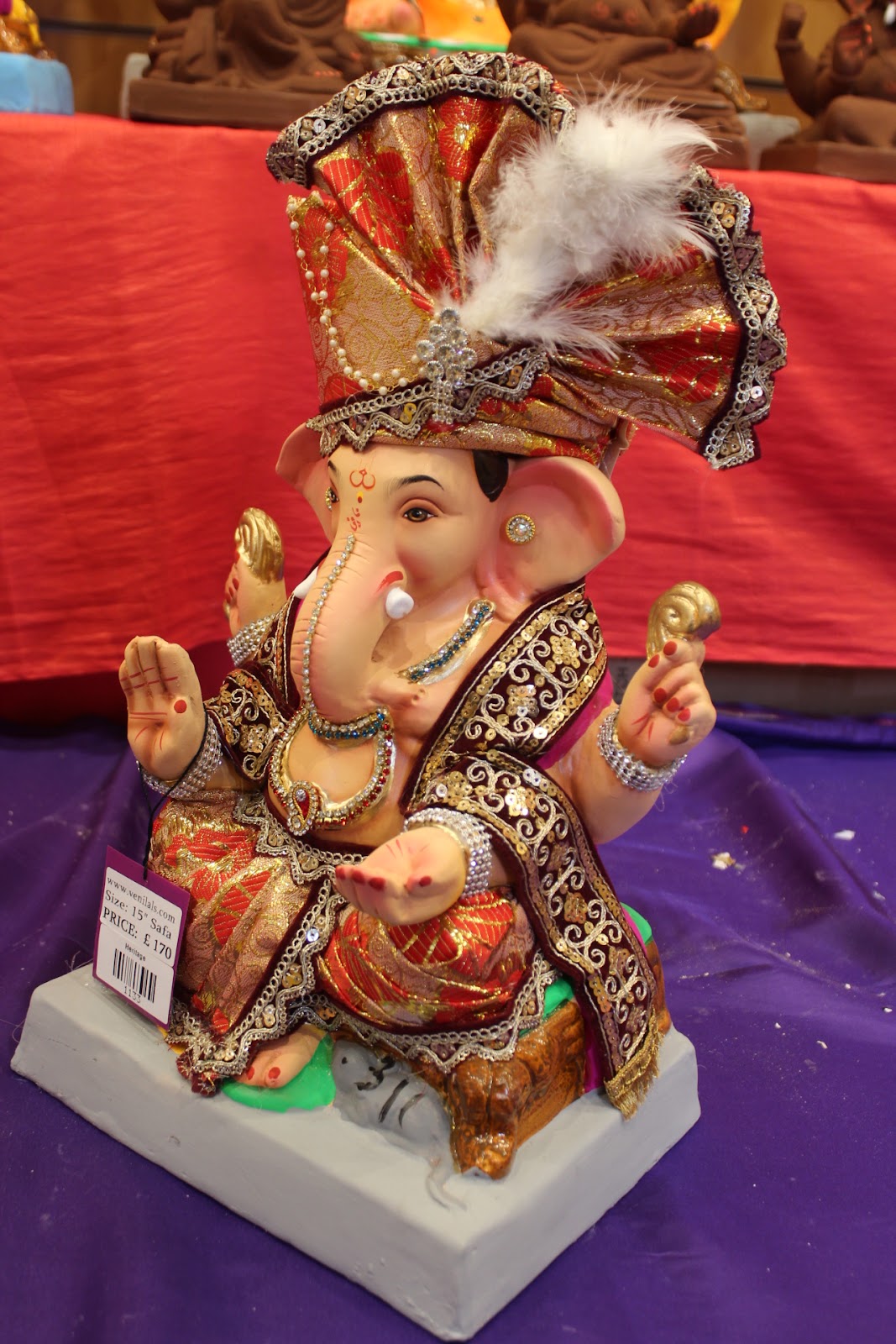 Eco-Friendly Ganesh Visarjan idol, Full Safa Set Maroon & Gold, side view