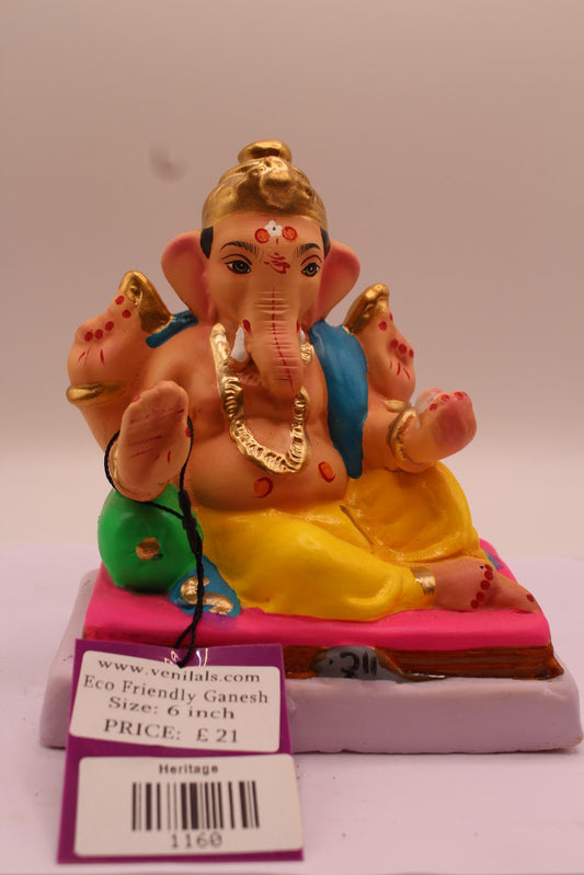 Eco-Friendly Ganesh Visarjan Idol – Blue Khes & Yellow Dhoti, Pink Cushion, ~6 inch