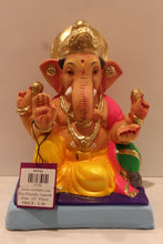 Load image into Gallery viewer, Eco-friendly clay Ganesh idol with pink khes and yellow dhoti, front view