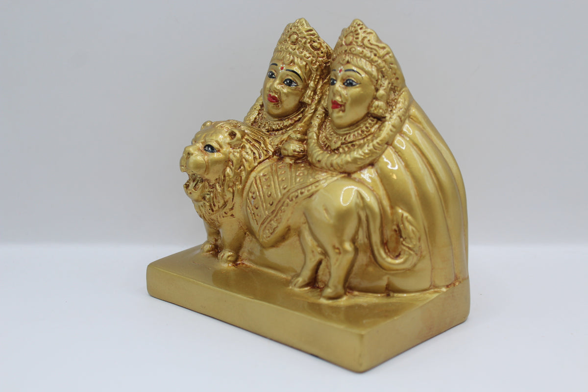 Gold resin Chamunda Maa murti with lion, right side view